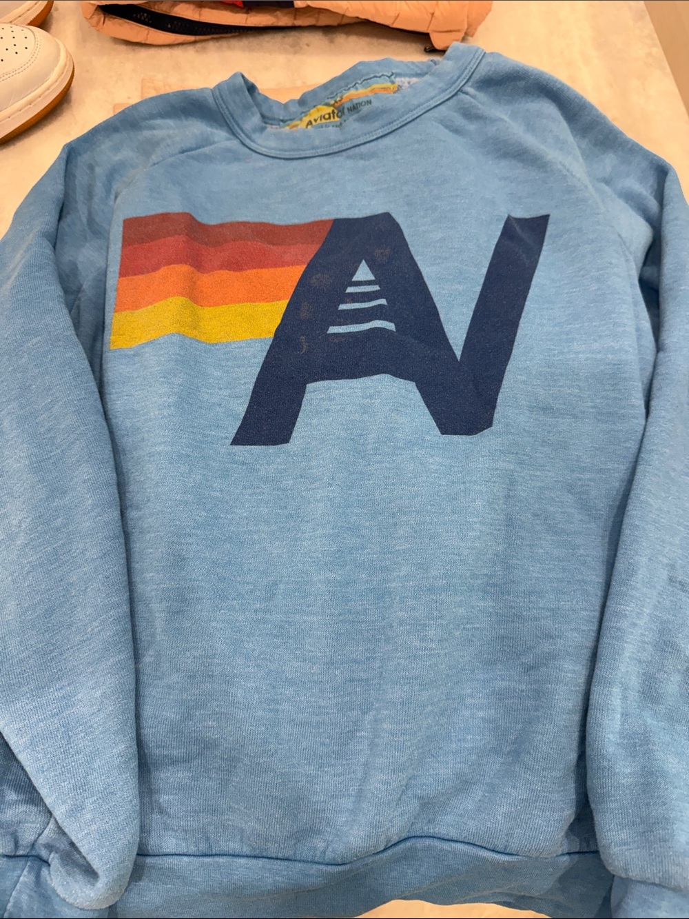 Aviator Nation Light Blue Crewneck Sweatshirt with Retro Stripe Logo